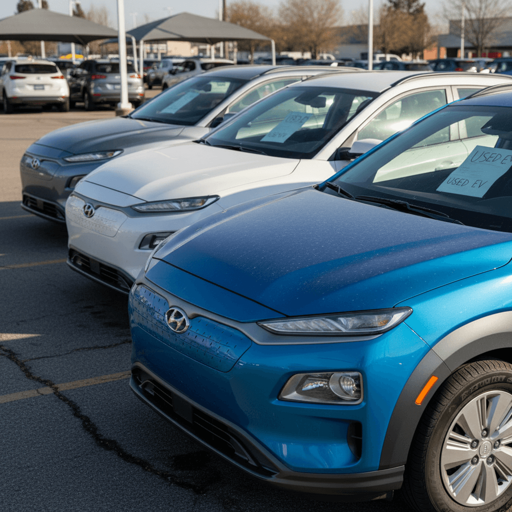 Row of used Hyundai Kona Electric SUVs parked with visible price tags, highlighting different trims and colors