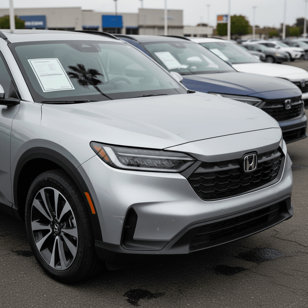 Row of used Honda Prologue electric SUVs lined up on a dealer lot with price stickers in the windows