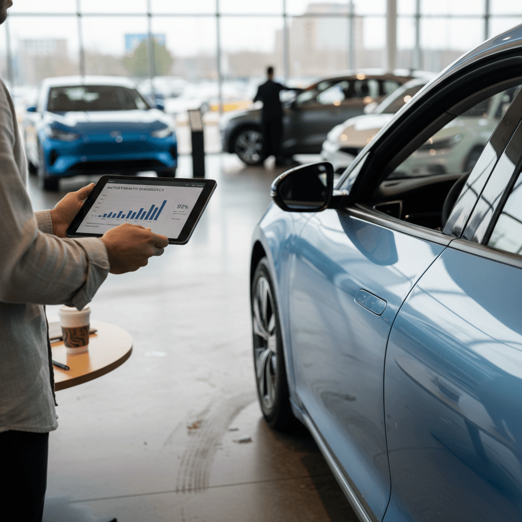 Shopper reviewing a digital battery health report next to a used electric car in a bright showroom