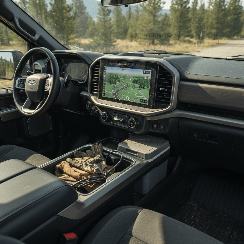 Interior of a modern electric pickup truck with large central touchscreen and open cabin