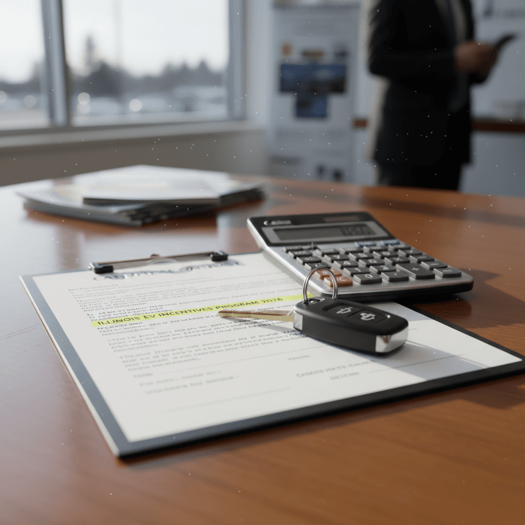 Close-up of an EV purchase agreement on a desk with calculator and keys, illustrating total cost comparison to leasing.