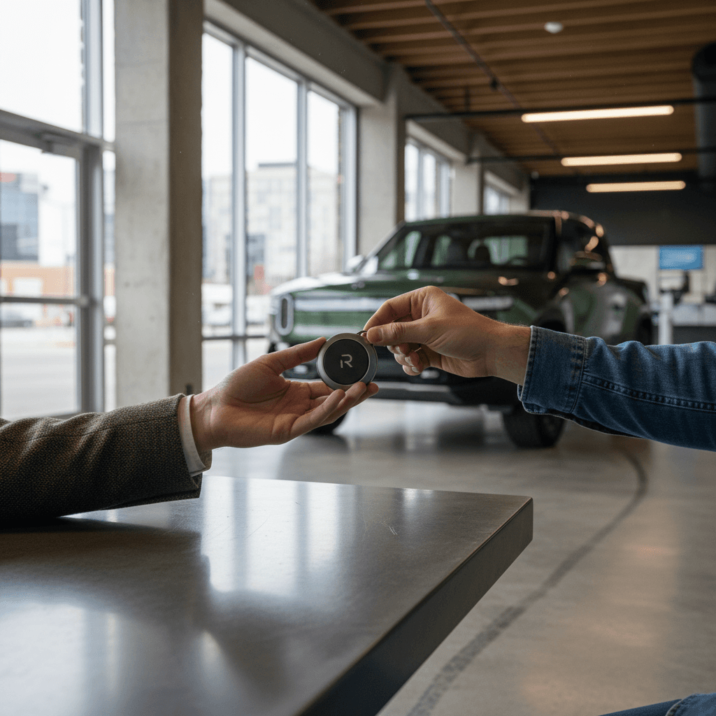 Owner handing keys of a used Rivian R1T to a buyer inside a modern EV-focused showroom