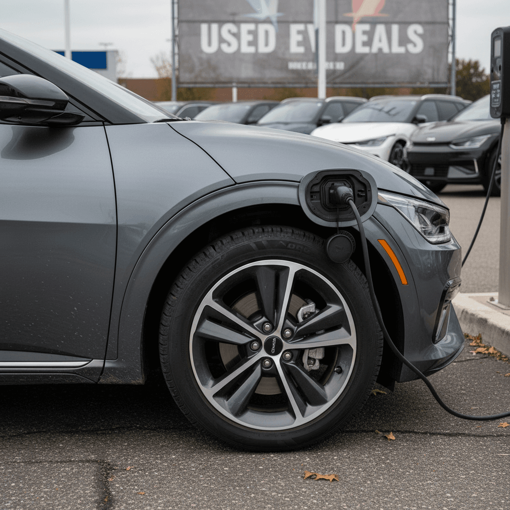 A used 2024 Kia EV6 parked on a dealership lot with a salesperson discussing value with a customer
