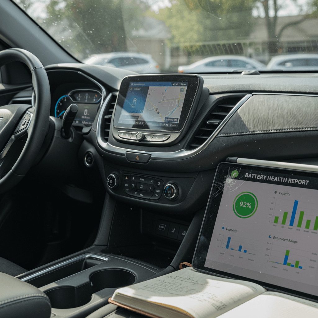 Seller reviewing a detailed battery health report for a Chevrolet Equinox EV on a tablet next to the vehicle