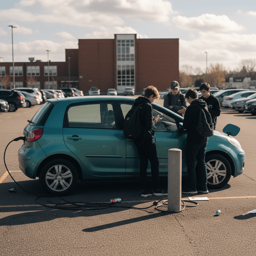 Compact electric hatchback parked in a high school lot with a teen driver standing by the door