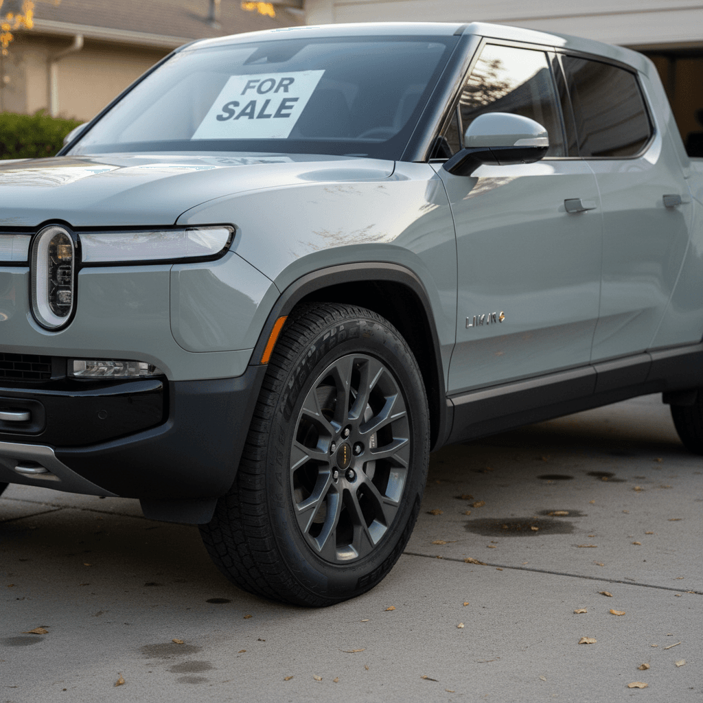 Clean 2023 Rivian R1T parked in a driveway with a for sale sign, highlighting condition and curb appeal