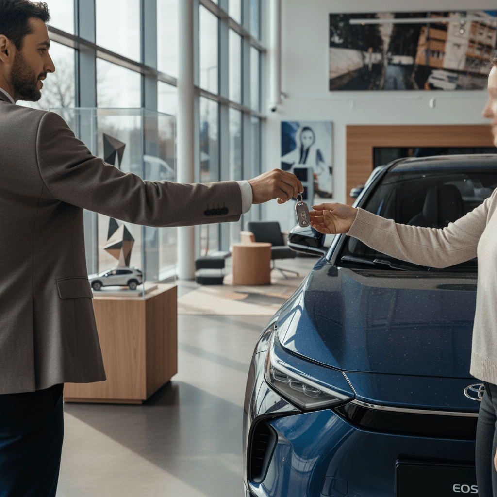 Owner and EV specialist reviewing a battery health report for a used Toyota bZ4X at a modern electric vehicle dealership