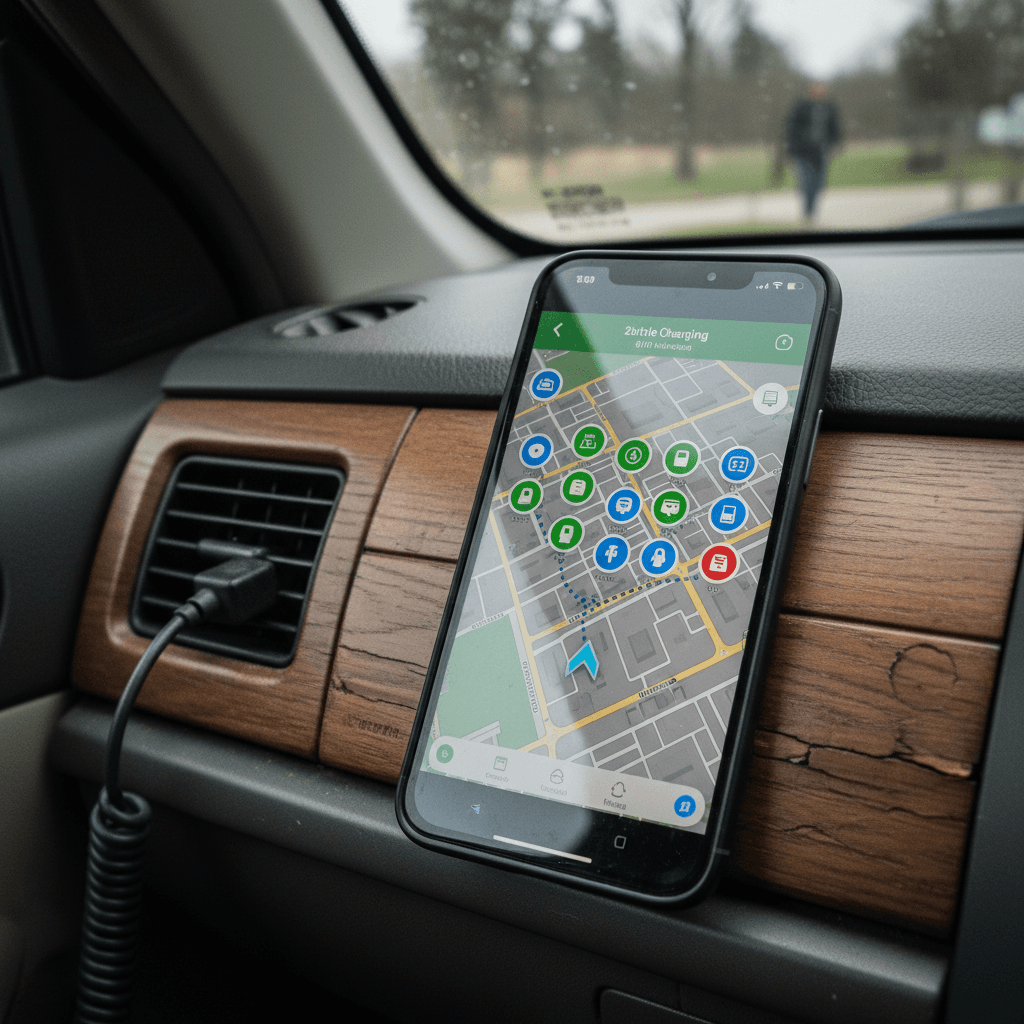 Driver checking an EV charging network map on a touchscreen display