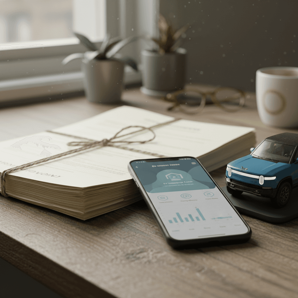 Car insurance paperwork, smartphone app, and a small model of an electric pickup illustrating Rivian R1T coverage costs