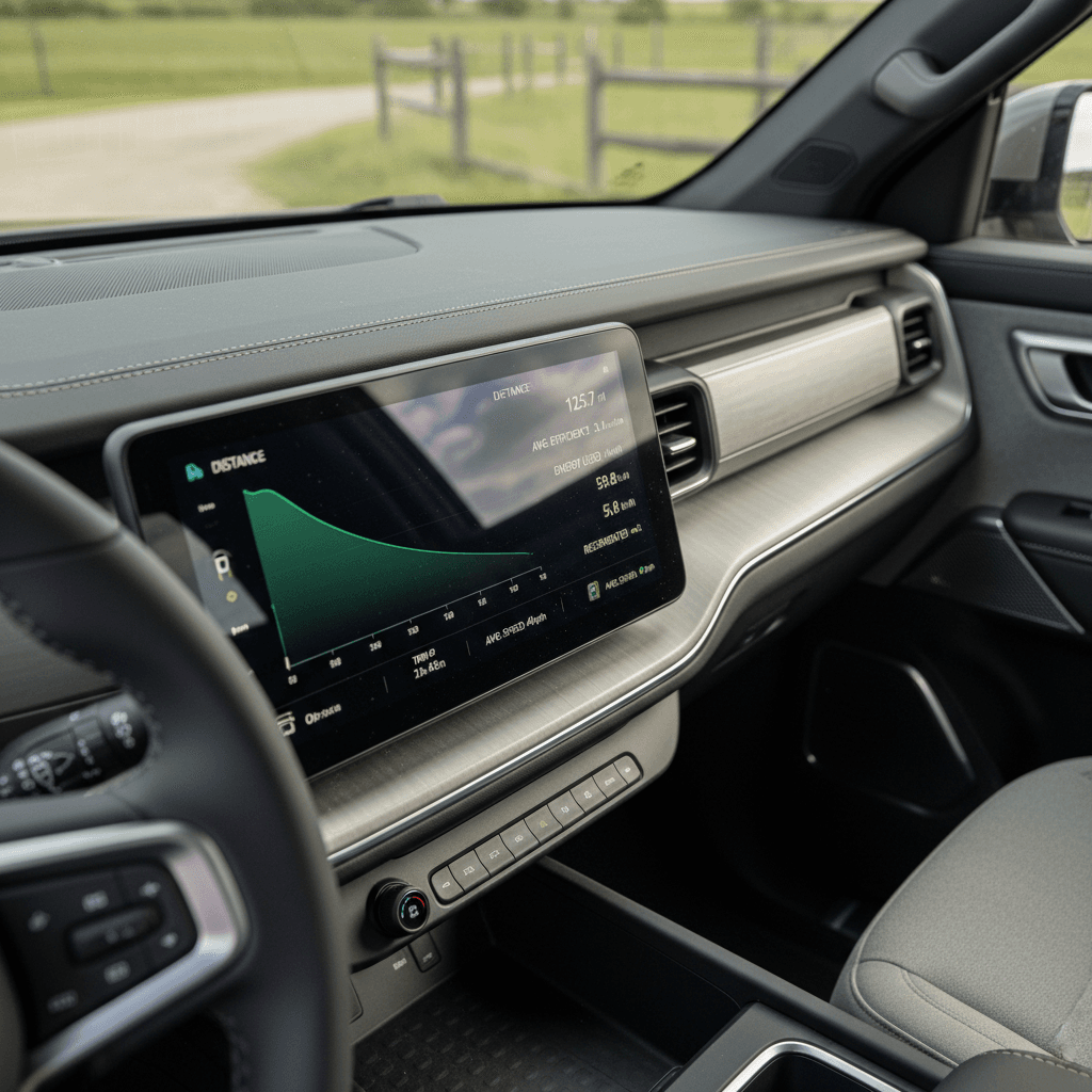 Rivian R1T driver display showing trip energy use and projected range on a highway drive