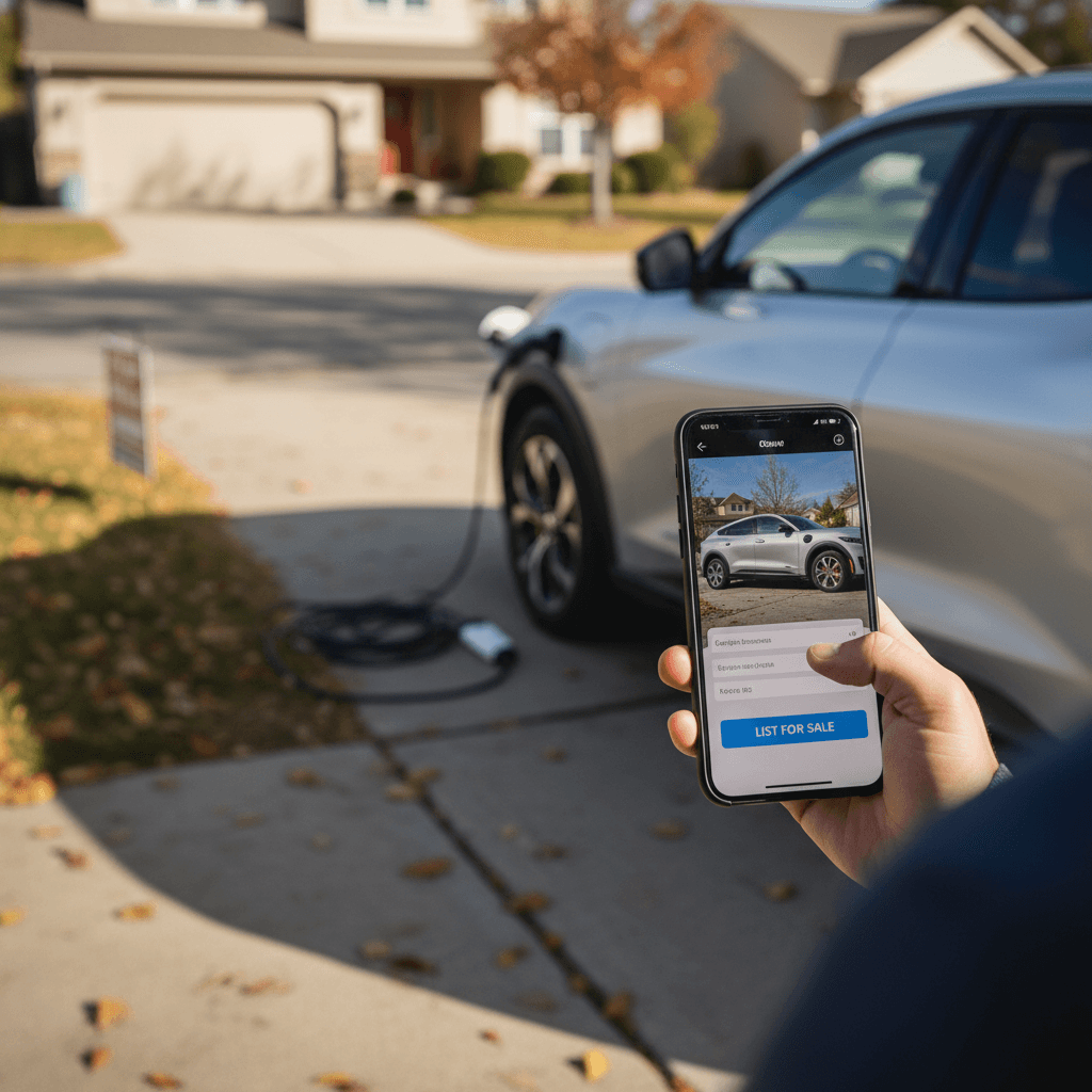 Owner photographing a clean Ford Mustang Mach‑E in a driveway to prepare an online listing