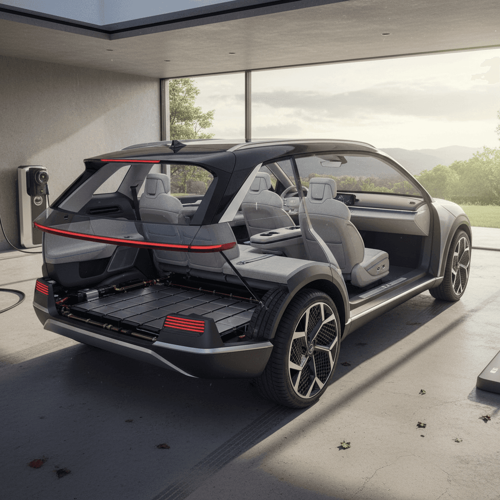 Illustrated view of a large Hyundai electric SUV highlighting the battery pack under the floor and three rows of seating
