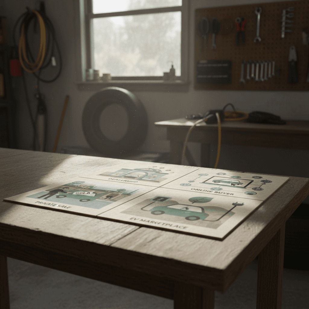 Comparison of different ways to sell a used car, including dealership, online buyer, private sale, and EV marketplace