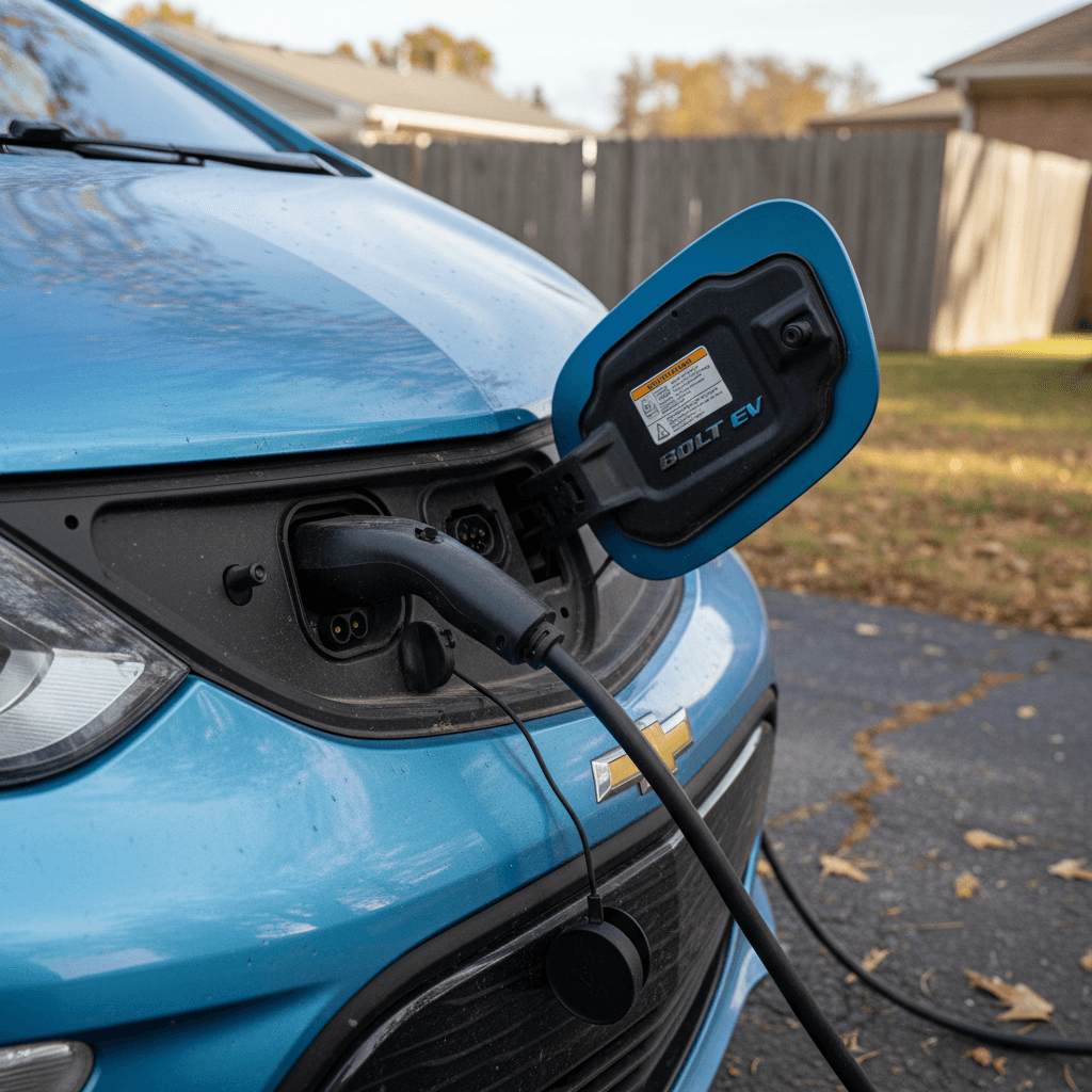 Close-up of a 2020 Chevrolet Bolt EV charging at home, highlighting the charging port and Bolt EV badge