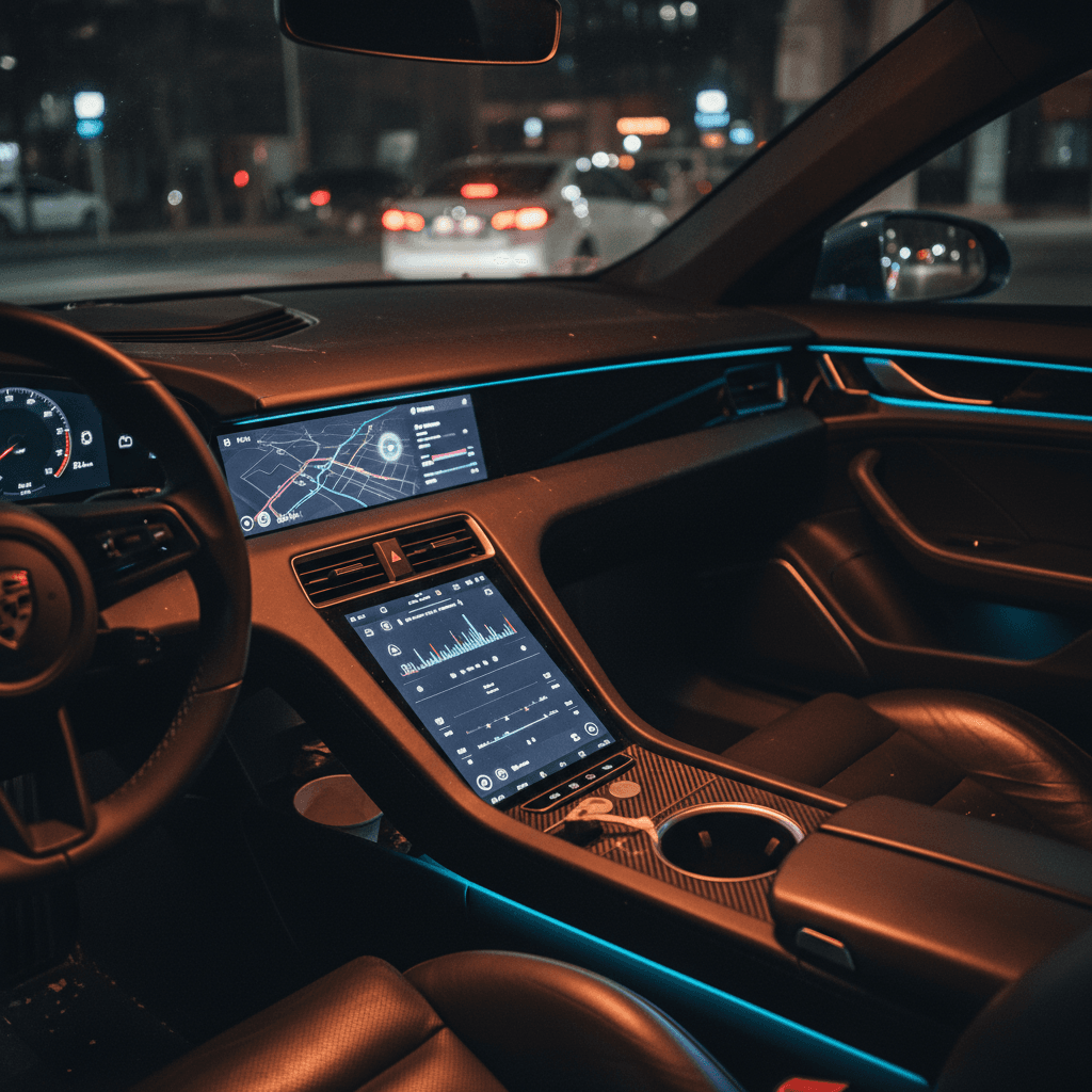 Night view of a luxury electric car interior showing illuminated digital dashboard and ambient lighting