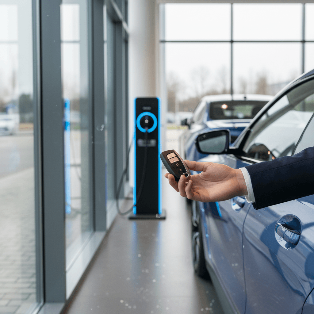 BMW i4 owner handing over keys at an EV-focused showroom, highlighting a smooth selling process
