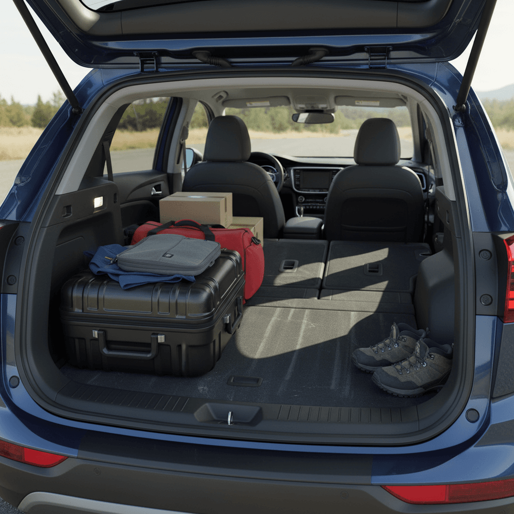 Folded rear seats of a small electric SUV showing generous cargo floor for luggage and gear