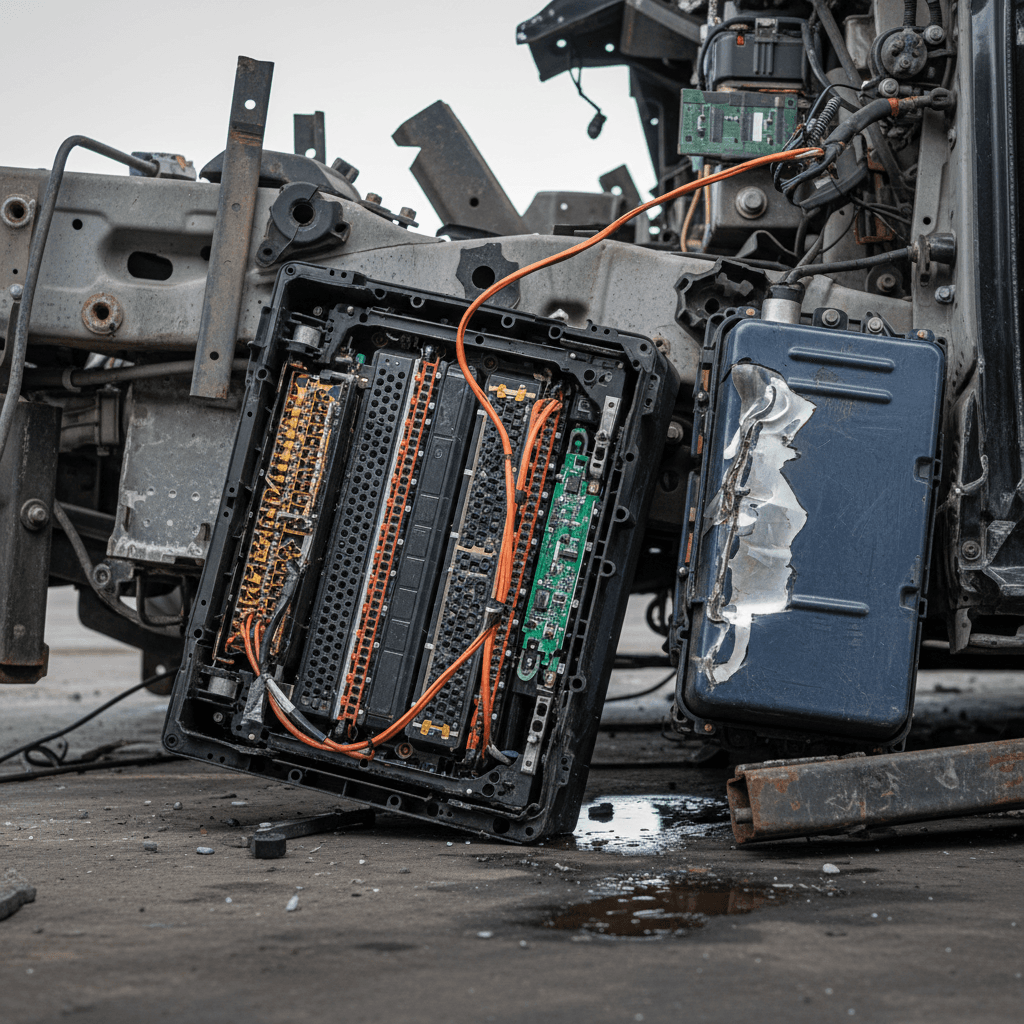 Mercedes EQS electric sedan after a frontal crash test with crash dummies visible inside