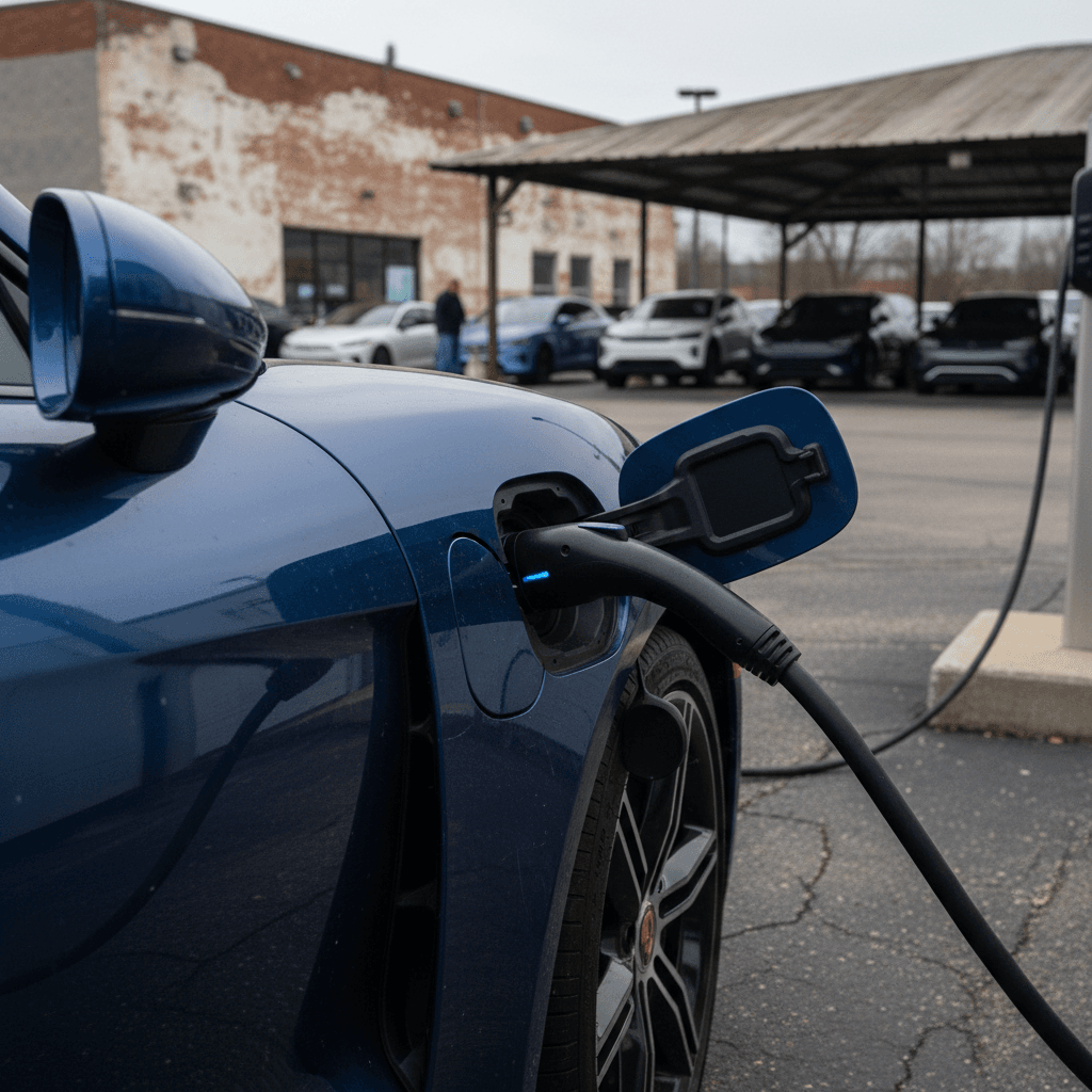 2020 Porsche Taycan charging at a used car lot, highlighting its value as a trade-in EV