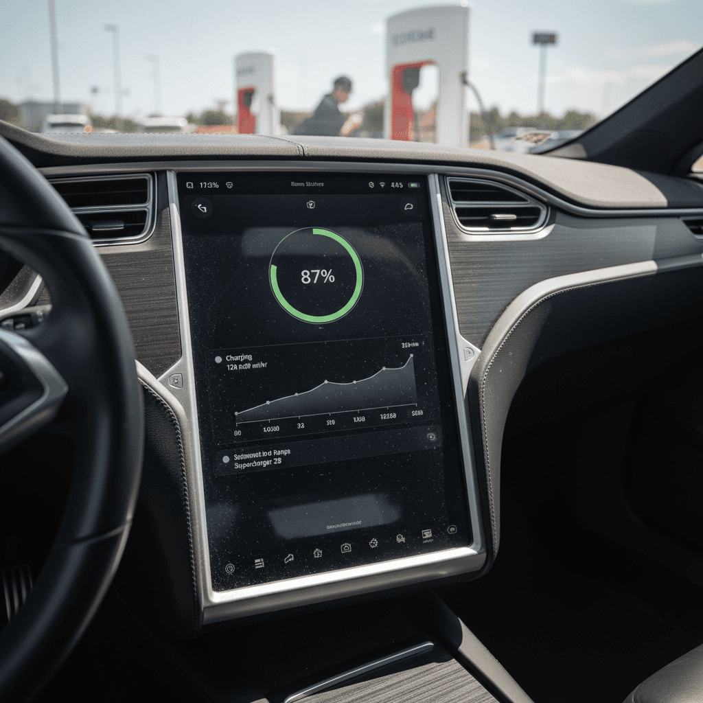 Tesla Model S center screen showing battery range and charging status while parked