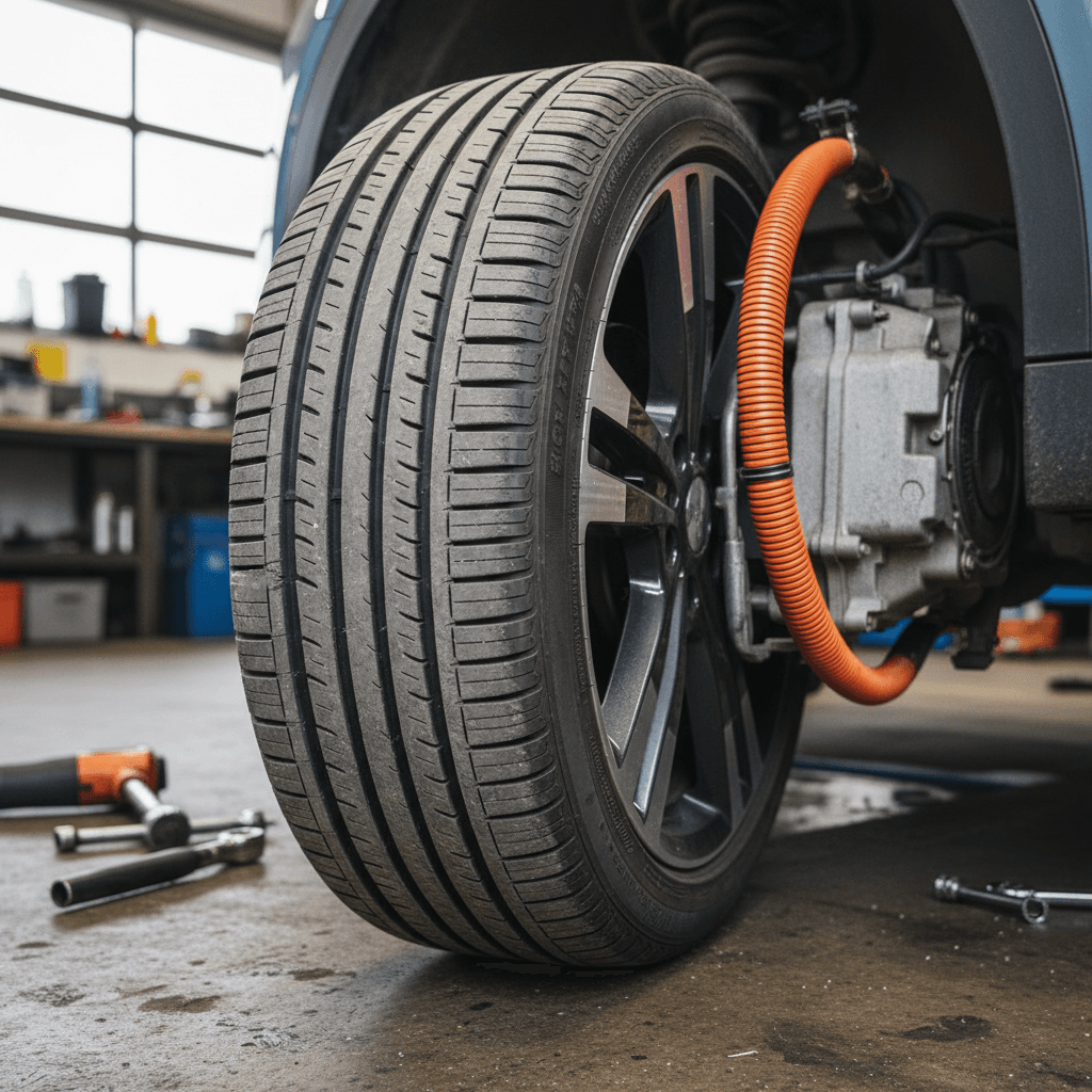 Technician checking wear pattern on the front tire of an electric vehicle during a rotation