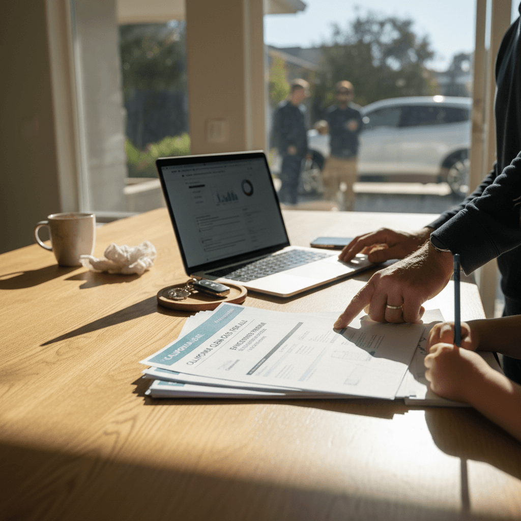 California family sitting at a kitchen table reviewing electric vehicle rebate and financing options on a laptop
