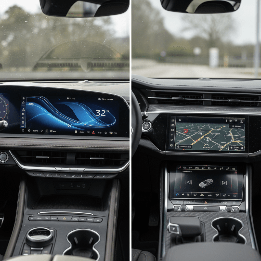 Side-by-side interior view comparing Cadillac Lyriq and Audi Q8 e-tron cockpits with large digital displays and premium materials
