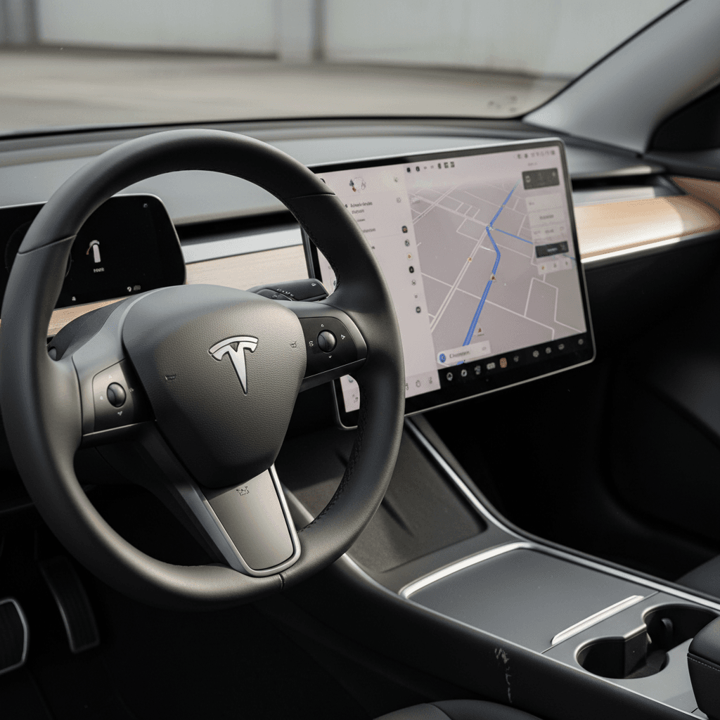 2025 Tesla Model 3 interior with updated steering wheel and large center touchscreen