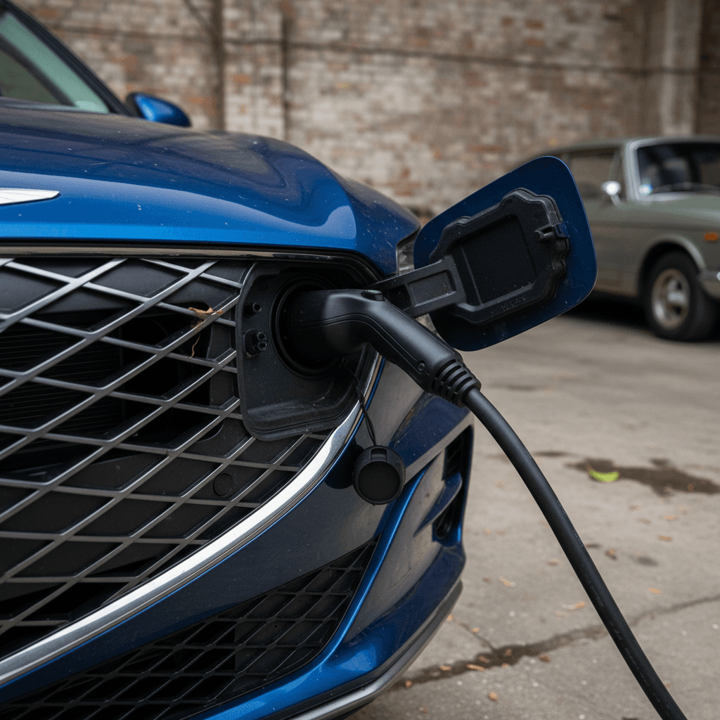 Genesis Electrified GV70 plugged into a home charger, illustrating battery warranty protection for the EV