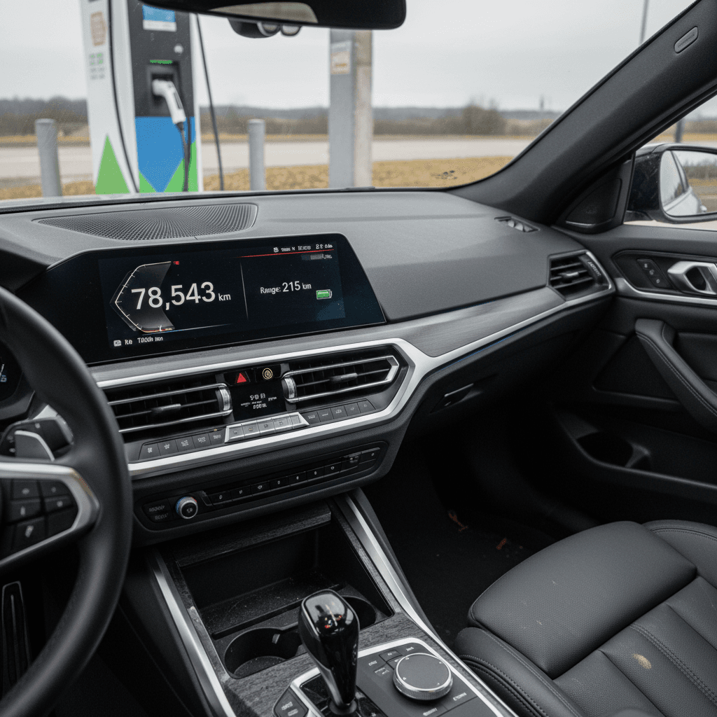 Used BMW i4 parked at a public charging station, with instrument cluster showing mileage.