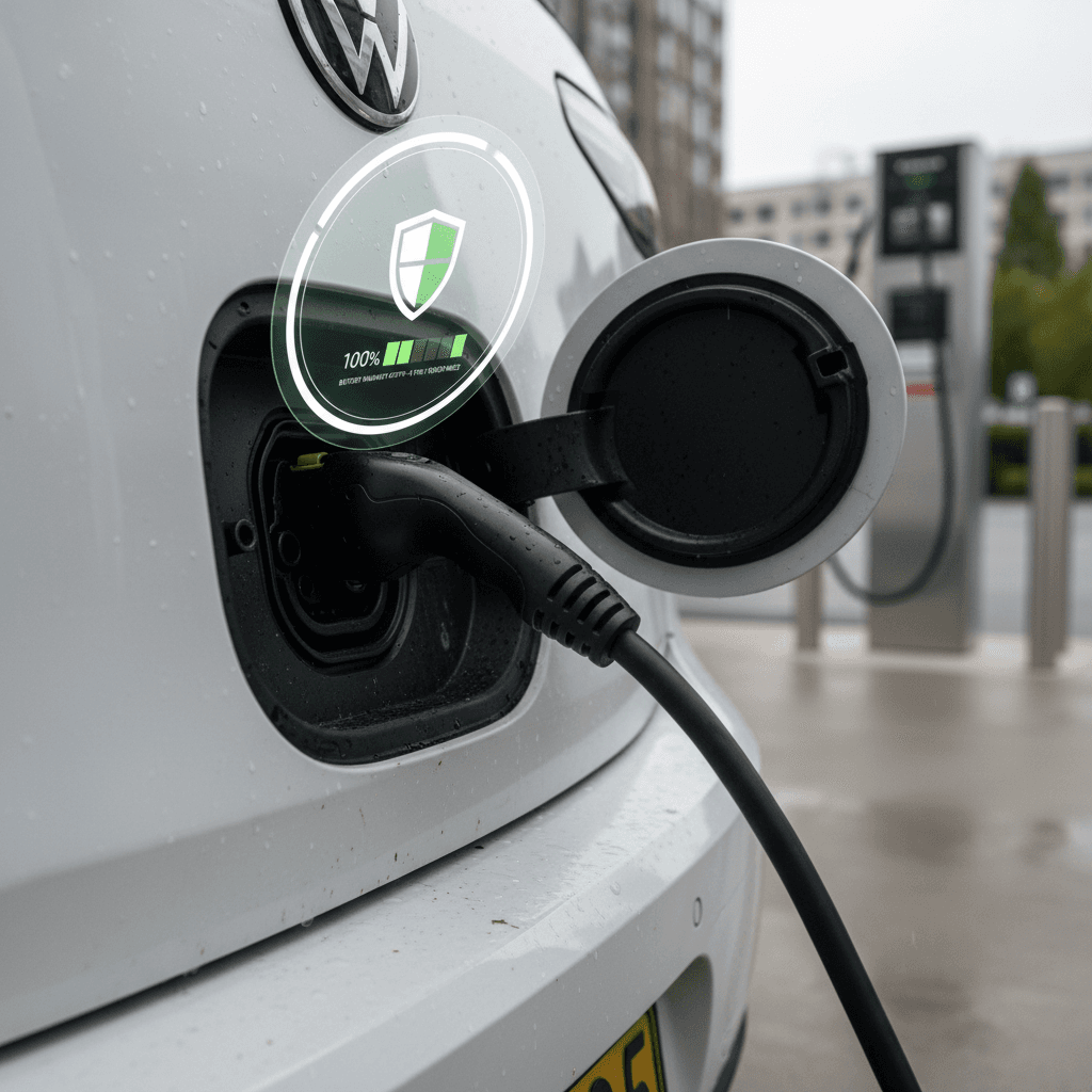 Detail view of a VW ID. Buzz charging port with an on-screen battery status graphic showing healthy capacity