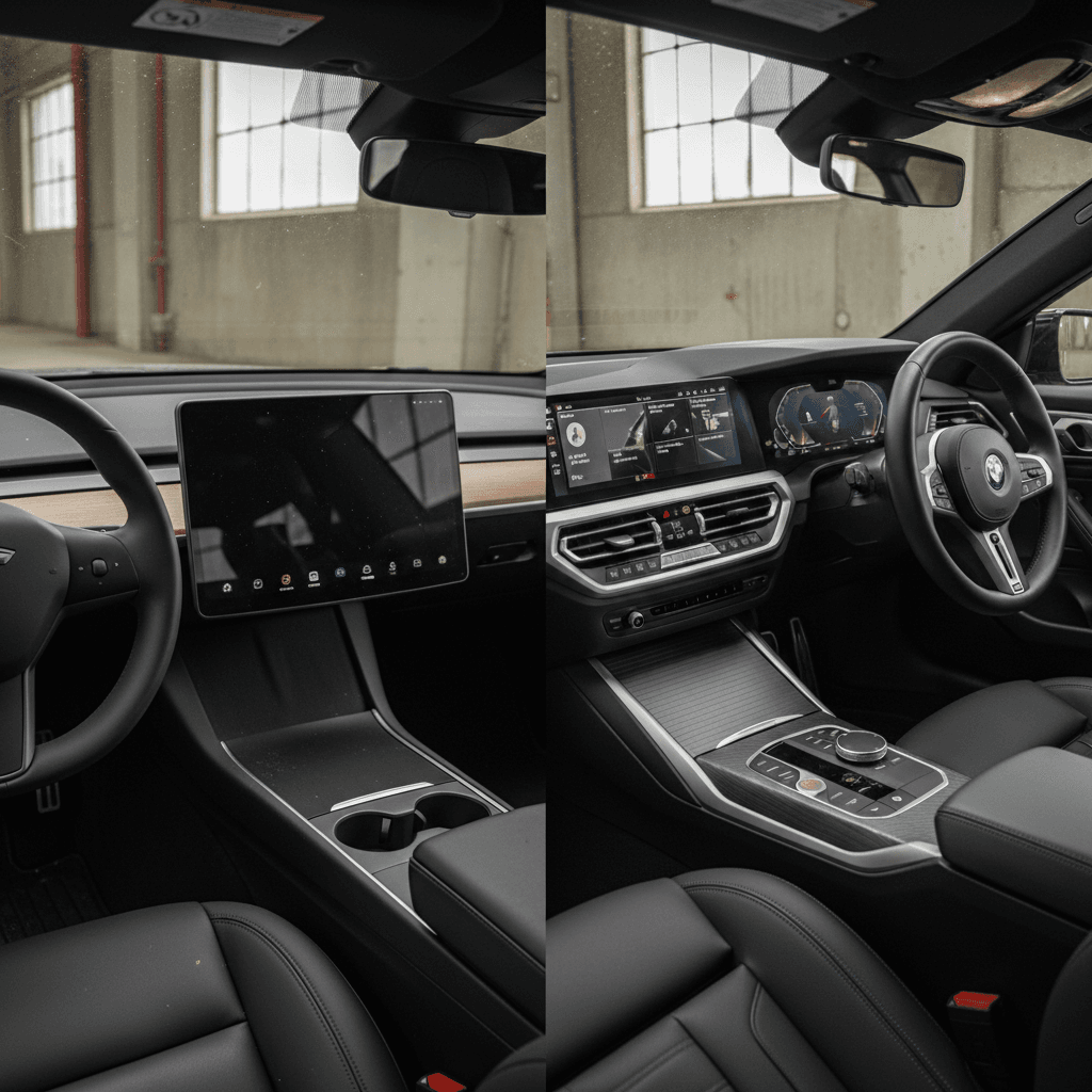 Side-by-side view of a Tesla Model 3 minimalist interior and a BMW i4 cockpit with traditional gauges and center display