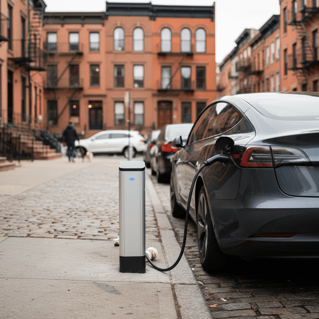 Electric car plugged into a curbside Level 2 charger on a residential street similar to Hoboken, New Jersey