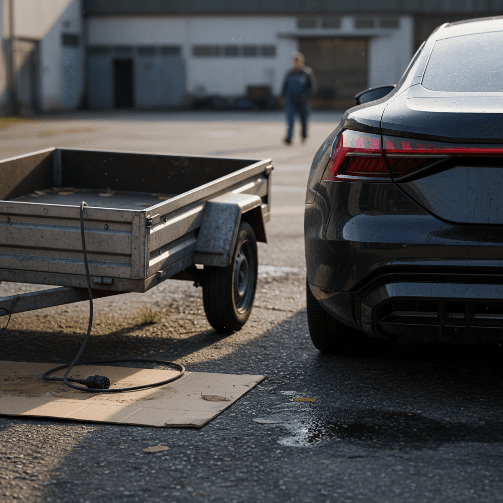 Rear bumper of an Audi e-tron GT with no factory hitch, parked near a small flatbed trailer, highlighting the lack of towing hardware