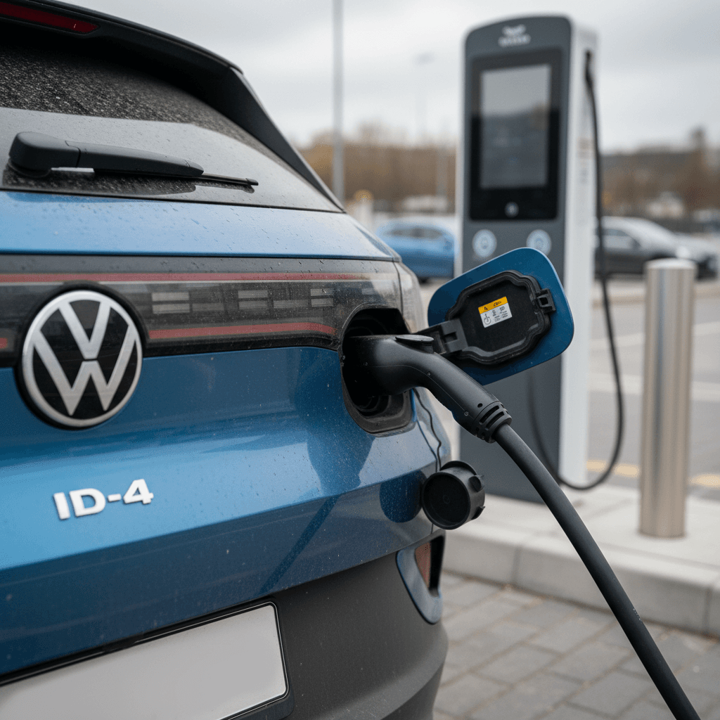 Volkswagen ID.4 rear three‑quarter view plugged into a public DC fast charger