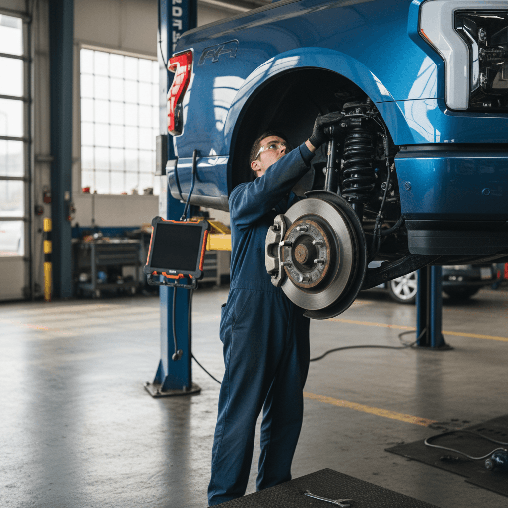 Technician inspecting the front suspension and steering components on a Ford F-150 Lightning on a lift