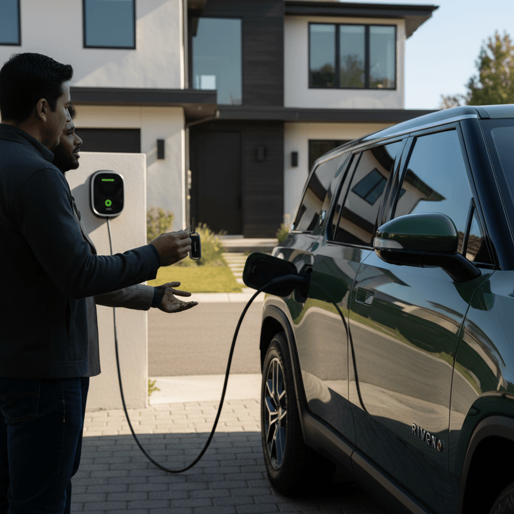 Owner handing keys of a 2022 Rivian R1S to a buyer in front of a home while the SUV is plugged into a home Level 2 charger.