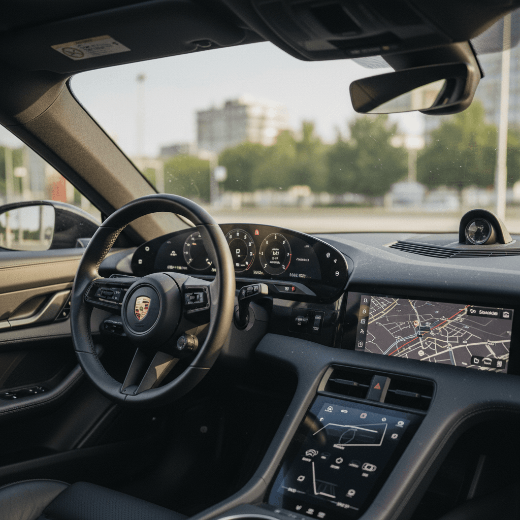 Modern Porsche Taycan interior with digital cockpit and EV displays