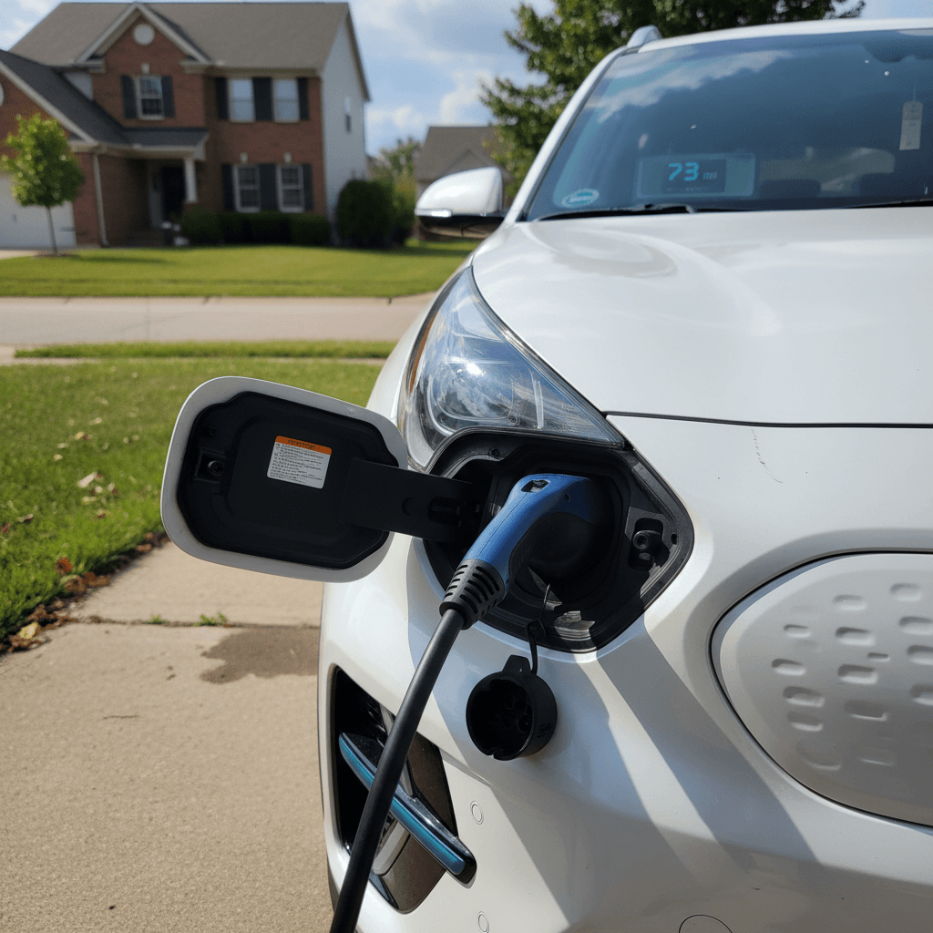 2024 Kia Niro EV plugged in at home with range shown on dashboard display