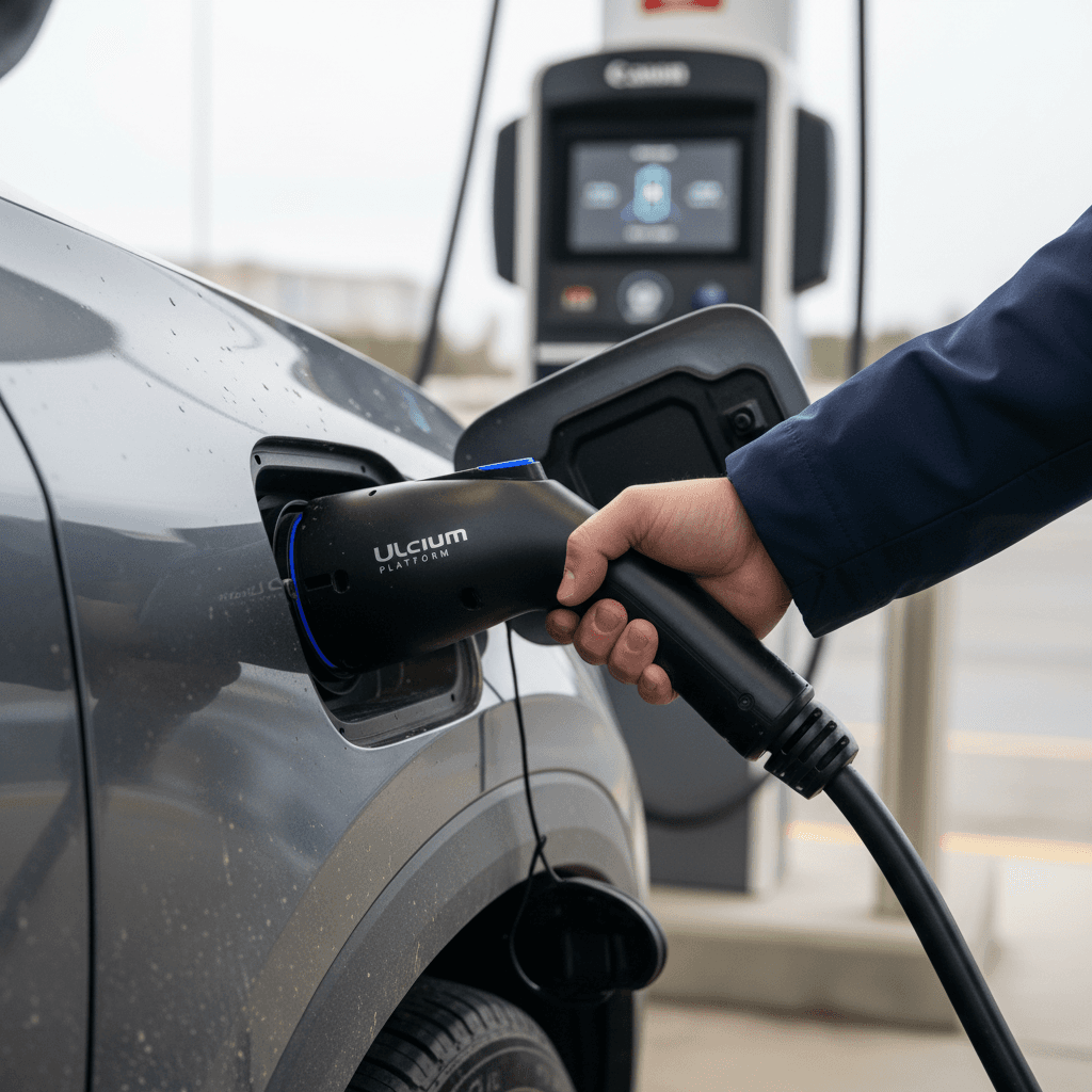Driver plugging a 2024 Honda Prologue into a public DC fast charger with the charging screen showing estimated time remaining