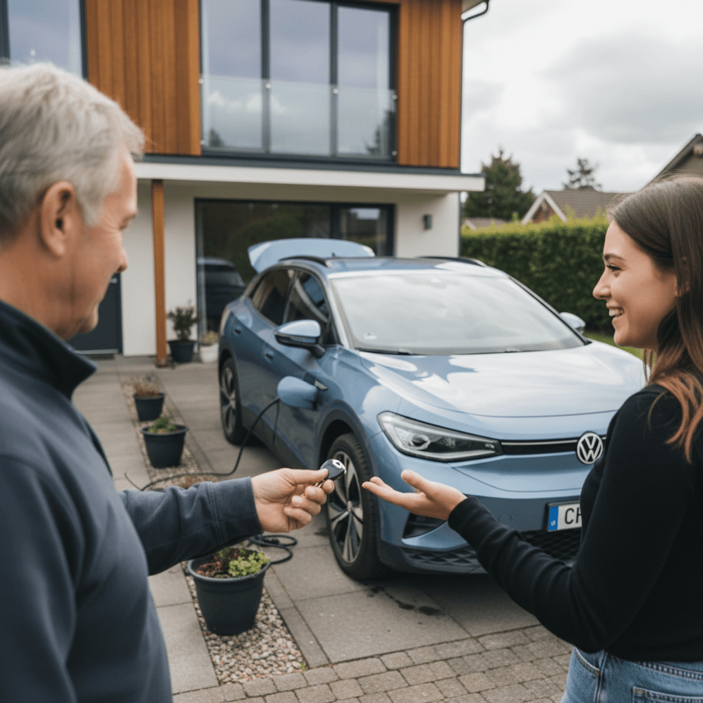 Owner handing keys of a used Volkswagen ID.4 to a buyer in a residential driveway, illustrating a smooth, guided EV sale.