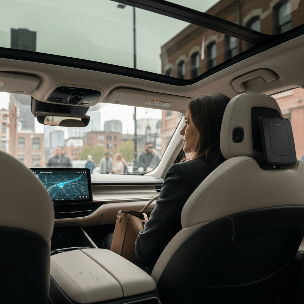 Lucid electric SUV configured as a future autonomous Uber robotaxi in a modern city