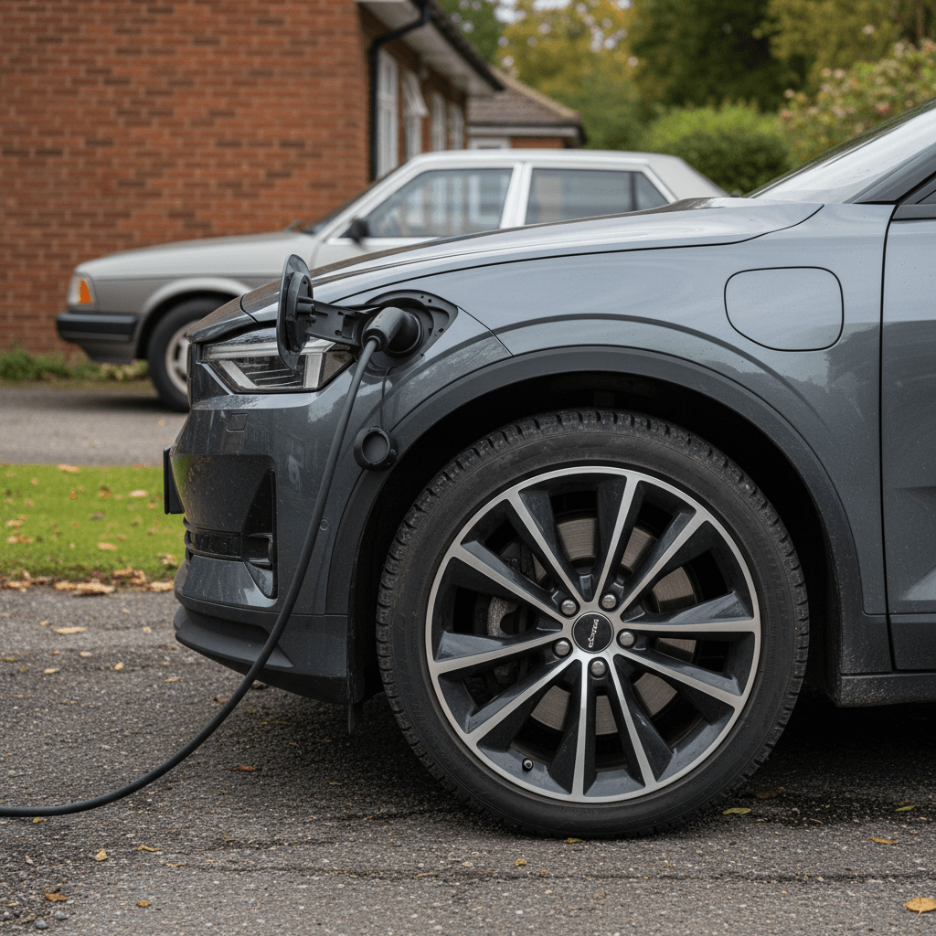 Polestar 3 charging in a driveway highlighting its wheel and charge port