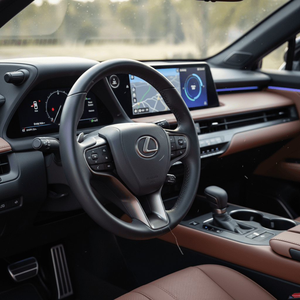2025 Lexus RZ interior with large central touchscreen, steering wheel, and ambient lighting