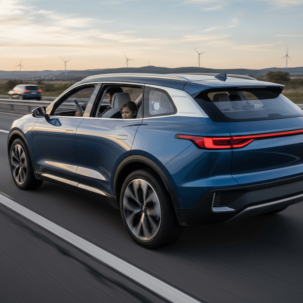 Family-size electric SUV driving through a modern city street