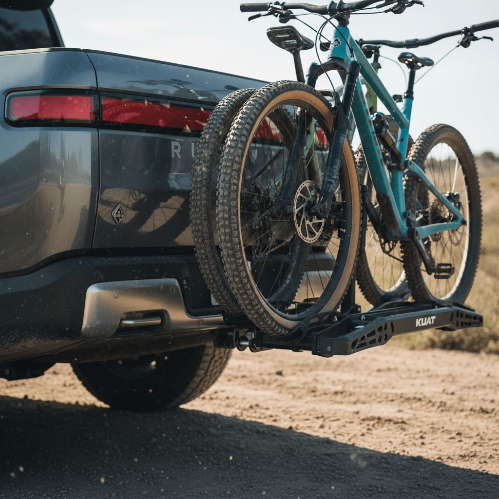 Rivian R1T hitch receiver with platform-style bike rack carrying two mountain bikes