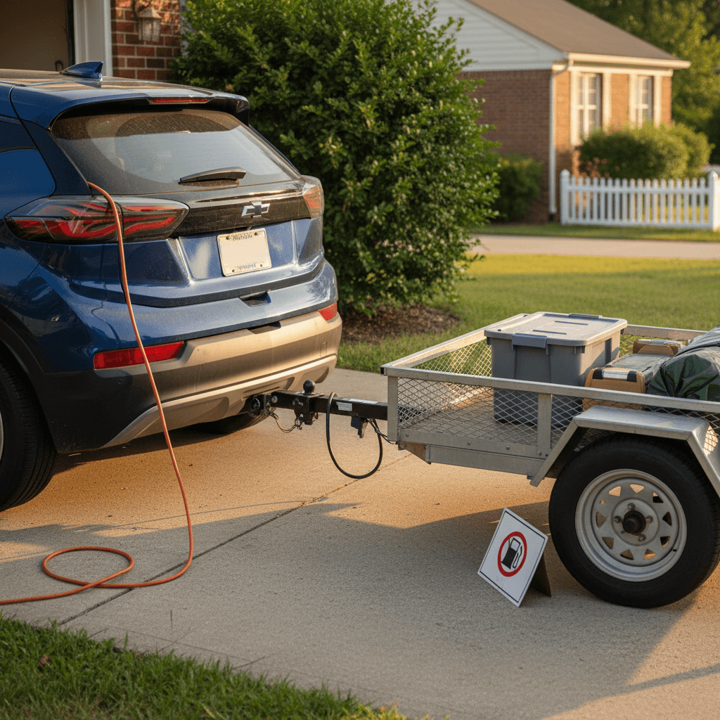 Rear view of a Chevrolet Bolt EUV with an aftermarket hitch and small cargo trailer hitched up in a driveway