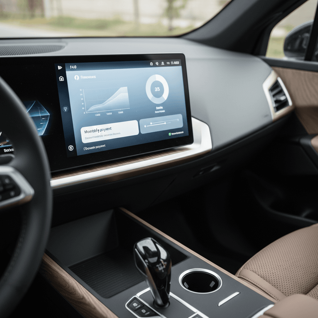 Driver using a digital interface in a BMW iX to review estimated monthly payment and ownership costs