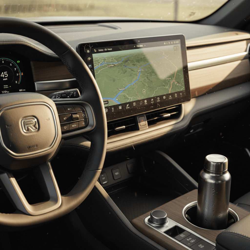 Interior view of a 2022 Rivian R1S showing the large central touchscreen and driver display where most software glitches appear