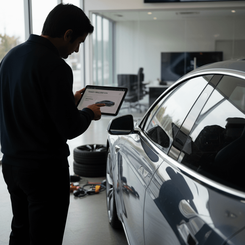 Owner reviewing a Recharged Score battery health report for a Tesla Model S during a trade-in appraisal